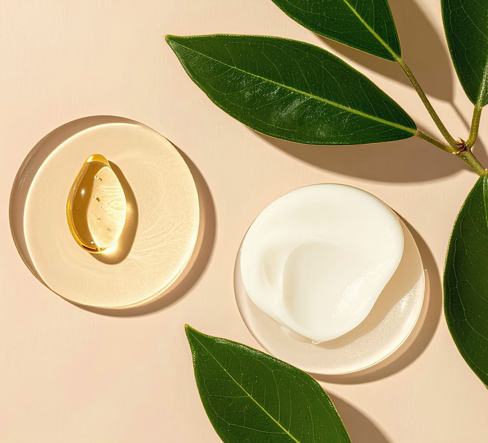 Skincare textures: serum, oil and cream swatches with green leaves